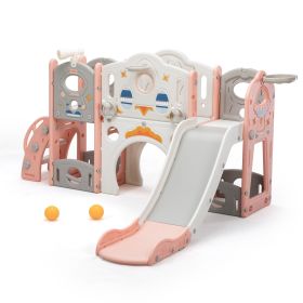 8-In-1 Large Kids Slide and Climb Set, Toddler Indoor Playground w/ Basketball Hoops, Balls, Rings, Telescope, Storage, Baby Playset