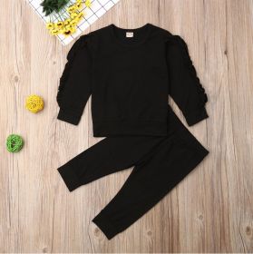 Newborn Baby Boys Girls Ruffles Jumper Solid Long Sleeve Sweatshirt Tops Pants Infant Kids 2Pcs Outfits Clothes Set Fall Clothes (Option: Black-90cm)